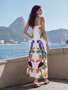CAJUNI Elegant Sleeveless Straight-Cut Maxi Dress With Tropical Macaw And Toucan Print - Multicolor - View 2
