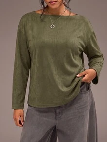Freevana 復古酸洗黑色船領花卉蕾絲拼接垂領露背大尺碼長袖上衣 秋季 - 橄欖綠 - 查看 6