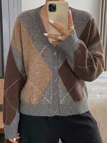 Dazy Plus Plaid Loose Long Sleeve V-Neck Vintage Cardigan Sweater - Khaki - View 5