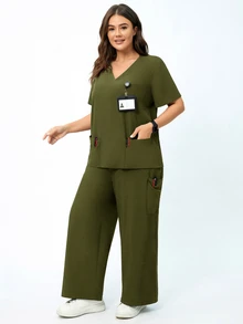 TaskEZ 女款大尺碼深藍色手術刷手服上衣與長褲兩件式套裝，寬鬆短袖V領護理師6口袋刷手服套裝 - 軍綠色 - 查看 6