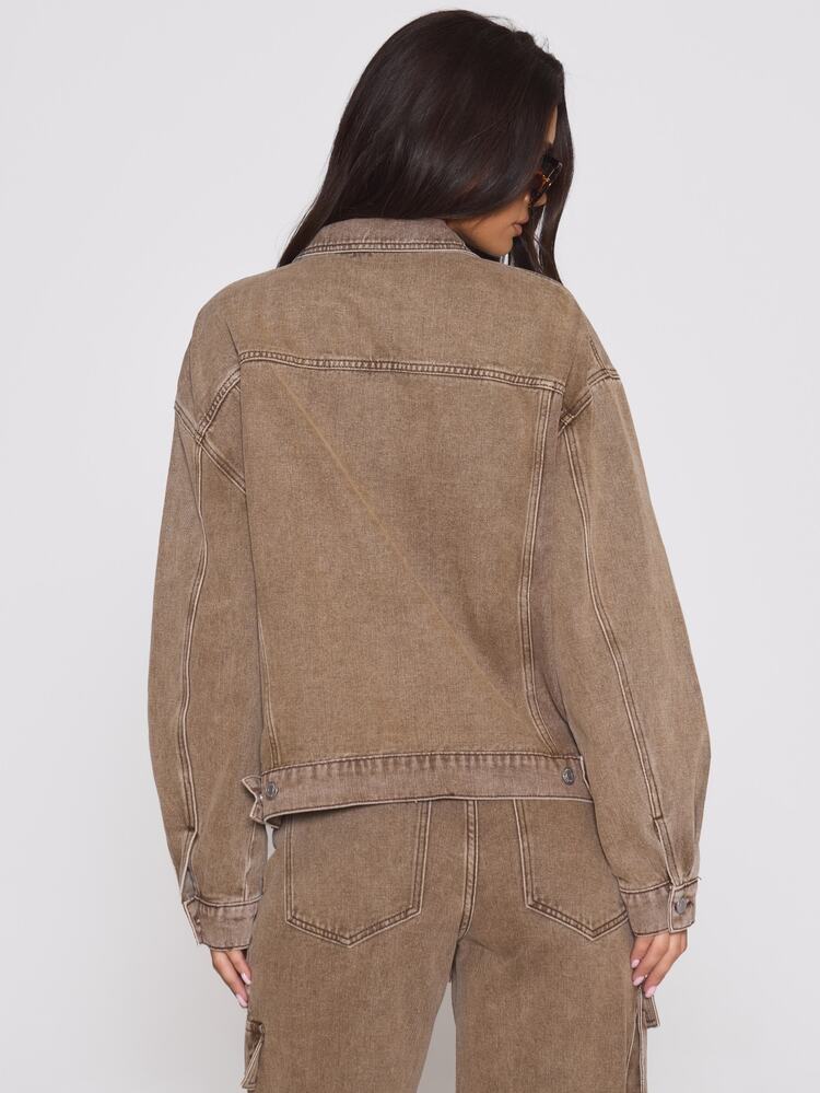 MUSERA 水洗寬鬆版型鈕扣開襟牛仔外套 秋冬酷女孩休閒日常路邊叛逆風 - 棕色 - 查看 4