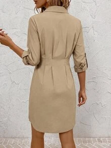 SHEIN Clasi 女款素色對比蕾絲荷葉袖優雅襯衫洋裝 - 駝色 - 查看 2