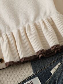 Tween Girl Piped Button Design Ruffle Hem Sweater - White - View 5