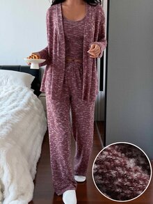 DAZY Women's Tie-Dye Long Sleeve Robe, Round Neck Tank Top And Pants Casual Pajama Set - Burgundy - View 6