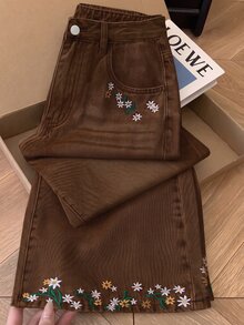 GlowEve 女款夏季花卉刺繡牛仔褲 - 棕色 - 查看 6