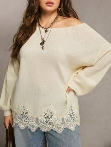 Freevana Plus Size Women's Solid Color Asymmetrical Shoulder Casual Everyday Long Sleeve Sweater - Beige - View 5