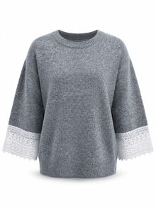 LUMIGAL Autumn/Winter New Round Neck Lace Patchwork Loose Fit Versatile Knit Top - Dark Grey - View 1