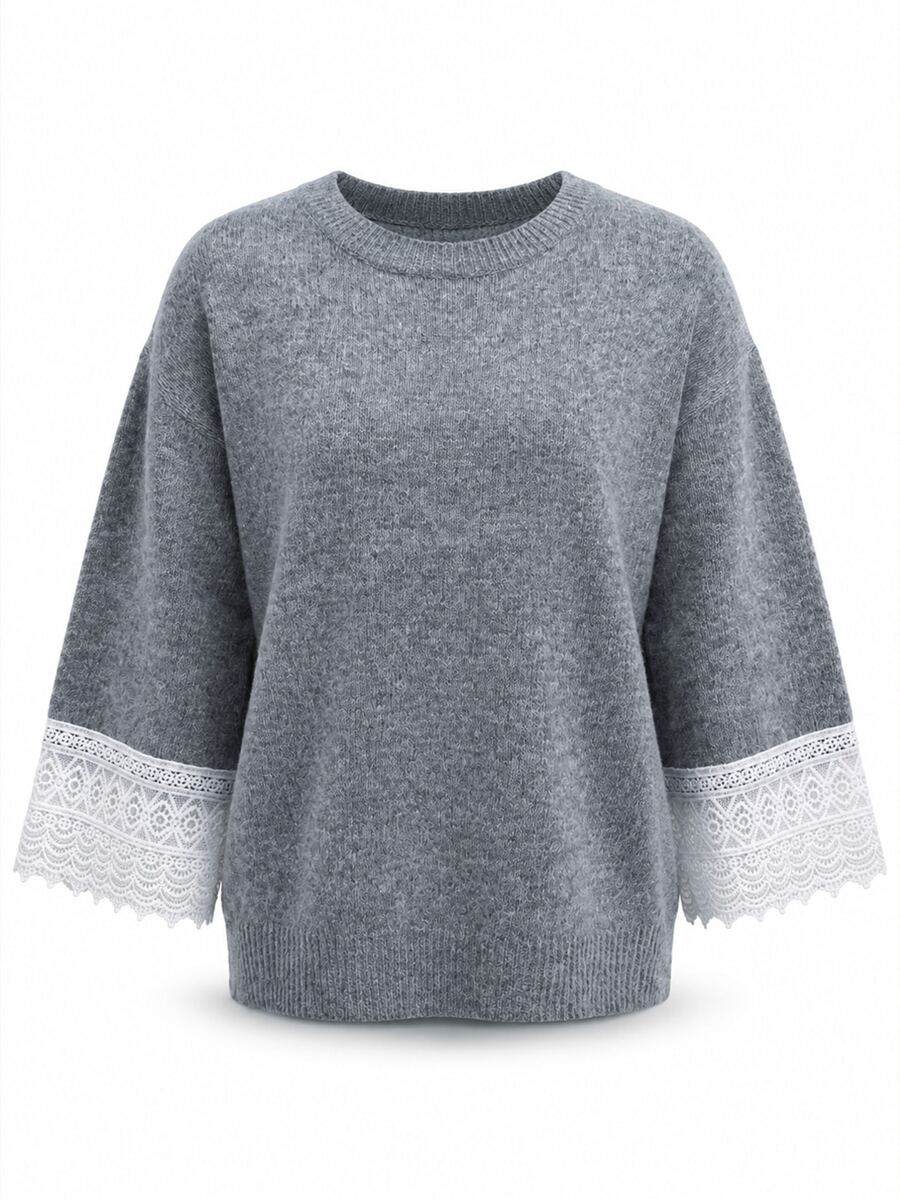 LUMIGAL Autumn/Winter New Round Neck Lace Patchwork Loose Fit Versatile Knit Top - Dark Grey - View 1