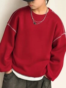 SHEIN Little Byeori 兒童青少年男孩休閒韓系寬鬆撞色圓領運動衫，適合學校、日常休閒穿著、運動，秋冬款 - 紅色 - 查看 1