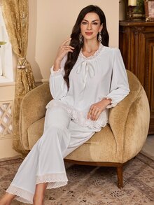 PalaceNights Women's Autumn/Winter Velvet Royal Style Embroidered Lace Tie Long Sleeve Pajama Set - White - View 8