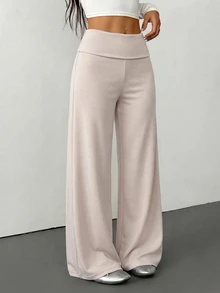SHEIN PETITE 女款極簡百搭寬鬆長褲，適合日常穿著 - 卡其色 - 查看 1