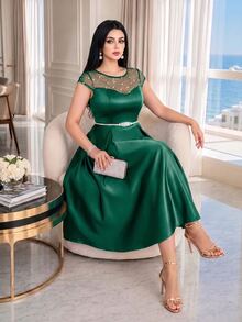 Auveirra Plus Size Women's Mesh Patchwork Casual Party Dress - Dark Green - View 3