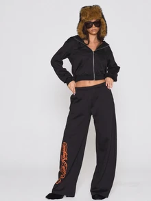 MUSERA Graphic Embroidered Zip Through Oversized Hoodie Autumn Winter Fall Halloween Sexy Everyday Roadside Renegade - Black - View 4