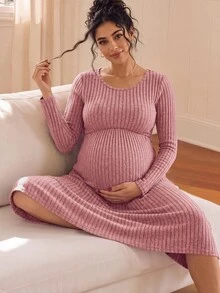 GentleRue Maternity Maternity Long Sleeve Round Neck Double Layer Top A-Line Hem Ribbed Fabric Dress Fall Homewear Breastfeeding Pink Casual Cropped - Dusty Pink - View 3