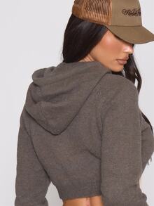 MUSERA Knitted Cropped Curved Hem Hooded Jumper Autumn Winter Fall Coolgirl Holiday Everyday Roadside Renegade - Grey - View 5