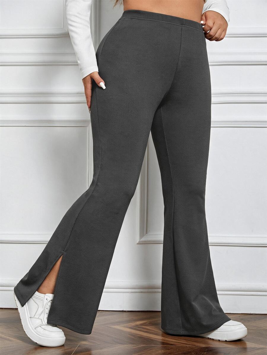 SHEIN EZwear 秋冬休閒深灰色大尺碼女款側開衩喇叭褲 - 深灰色 - 查看 1