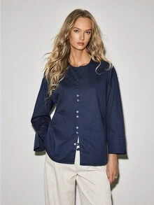 ATUI Studio Áo sơ mi denim tay dài cài nút phong cách đường phố thời trang nữ - Rửa tối - Xem 5