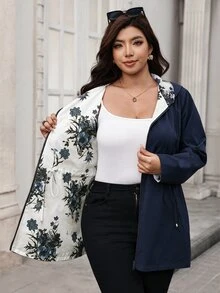 SHEIN Clasi Plus Size Women's Reversible Long Sleeve Zip-Up Drawstring Hooded Jacket - Navy Blue - View 5