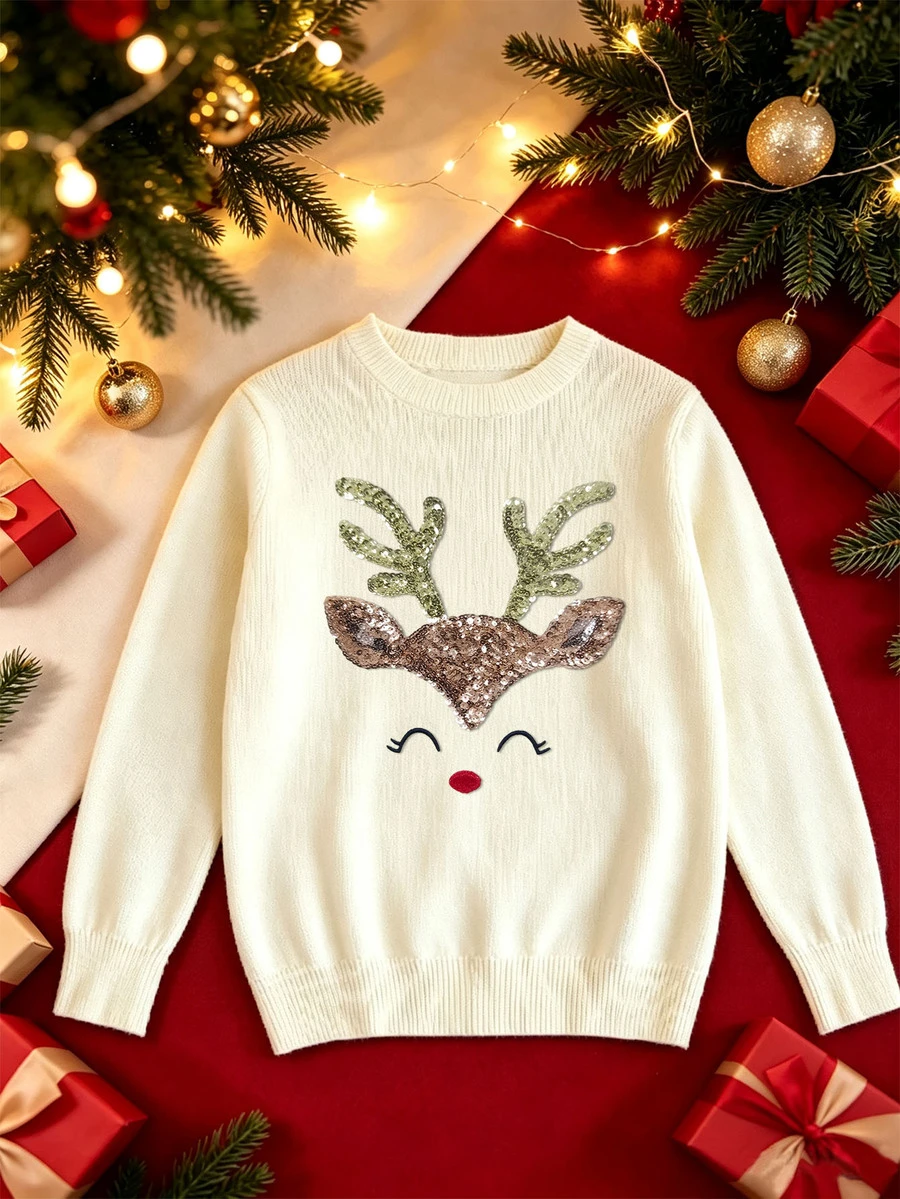 Girls' Christmas Reindeer Pattern Knit Pullover Sweater, Suitable For Christmas Party, Spring, Autumn, Winter, Warm And Comfortable Daily Essential - Blue - View 1