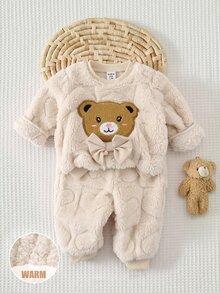 SHEIN 新生兒秋冬可愛毛茸茸卡通熊圖案運動衫套裝嬰兒 - 米色 - 查看 9