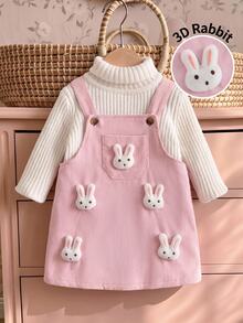 SHEIN Kids Cute Woven Ribbed Brown Corduroy Pinafore Autumn Winter Dress, Exquisite Bunny Doll Decor, Fine Workmanship & Exqu - Pink - View 1