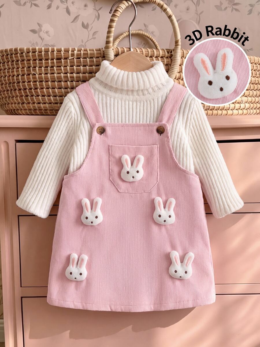 SHEIN Kids Cute Woven Ribbed Brown Corduroy Pinafore Autumn Winter Dress, Exquisite Bunny Doll Decor, Fine Workmanship & Exqu - Pink - View 1