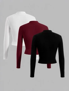 SHEIN EZwear 3件組家庭套裝純色半高領長袖T恤 - 彩色 - 查看 2
