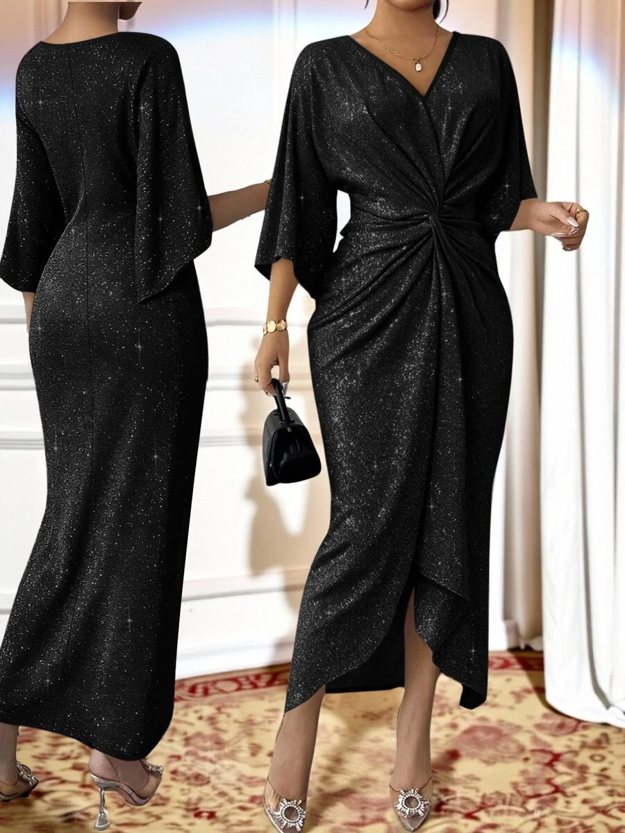 SHEIN Lady Plus Size Women's Shiny V-Neck Batwing Sleeve Waist Knot Design Elegant Dress - Black - View 1