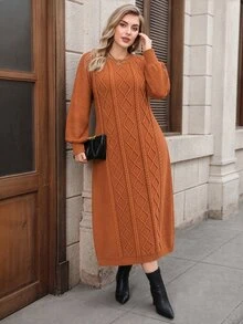Lacomfia Plus Size Women's Cable Knit Crew Neck Long Sleeve Casual Knit Dress - Bronze - View 1