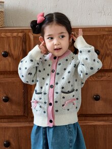 DAZY Infant (Girl) Round Neck Polka Dot Autumn/Winter Long Sleeve Cardigan - Apricot - View 1
