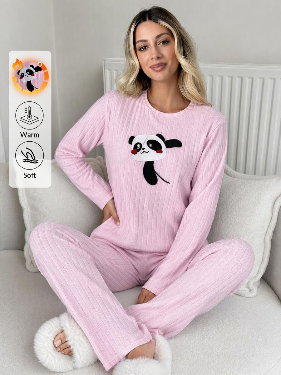 SHEIN Women Pink Cute Panda Embroidery Ribbed Long Sleeve Top & Pants Pajama Set - Pink - View 1