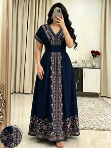 Modelyn 花卉仿刺繡V領短袖收腰長洋裝，舒適夏季女裝，適合日常與外出穿著 - 彩色 - 查看 1