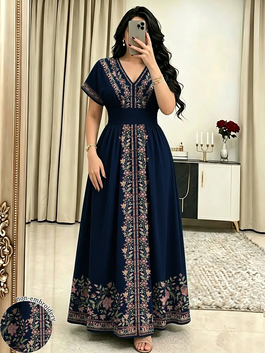 Modelyn 花卉仿刺繡V領短袖收腰長洋裝,舒適夏季女裝,適合日常與外出穿著 - 彩色 - 查看 1