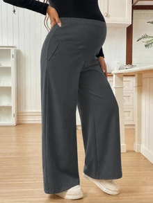 SHEIN 孕婦純色可調腰寬腿寬鬆休閒長褲 - 深灰色 - 查看 5