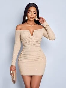 SOLERSUN Women's Off Shoulder Neck Ruched Front Long Sleeve Bodycon Mini Dress Perfect Vacations And Parties - Apricot - View 4