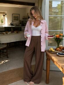 DAZY Autumn/Winter Minimalist Loose Relaxed Fit Shirt Style Women's Loungewear Set - Pink - View 3