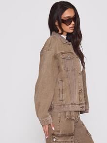 MUSERA Washed Oversized Button Through Denim Jacket Autumn Winter Fall Coolgirl Holiday Everyday Roadside Renegade - Brown - View 3