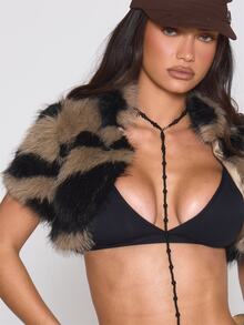 MUSERA Faux Fur Animal Printed High Neck Cropped Bolero Style Jacket Autumn Winter Halloween Sexy Leopard Animal Everyday Roadside Renegade - Multicolor - View 5