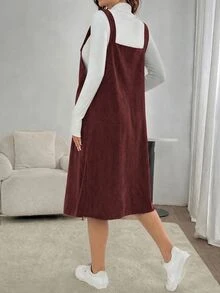 SHEIN 孕婦復古口袋簡約連身裙，適合日常穿著 - 紅木色 - 查看 2