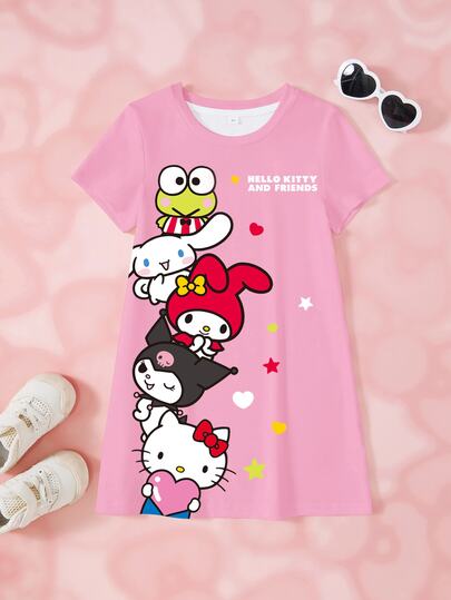 HELLO KITTY AND FRIENDS | SHEIN Gaun Pink Motif Lucu untuk Anak Perempuan dengan Berbagai Karakter
