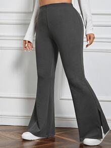 SHEIN EZwear 秋冬休閒深灰色大尺碼女款側開衩喇叭褲 - 深灰色 - 查看 5