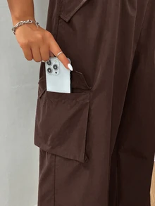 SHEIN EZwear 大尺碼女款純色休閒百搭日常工裝褲 - 巧克力棕 - 查看 3