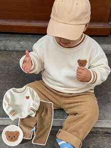 Kids Infant Boys Elastic Ribbed Pullover Long Sleeve Sweatshirt + Corduroy Long Pants Set - Multicolor - View 1