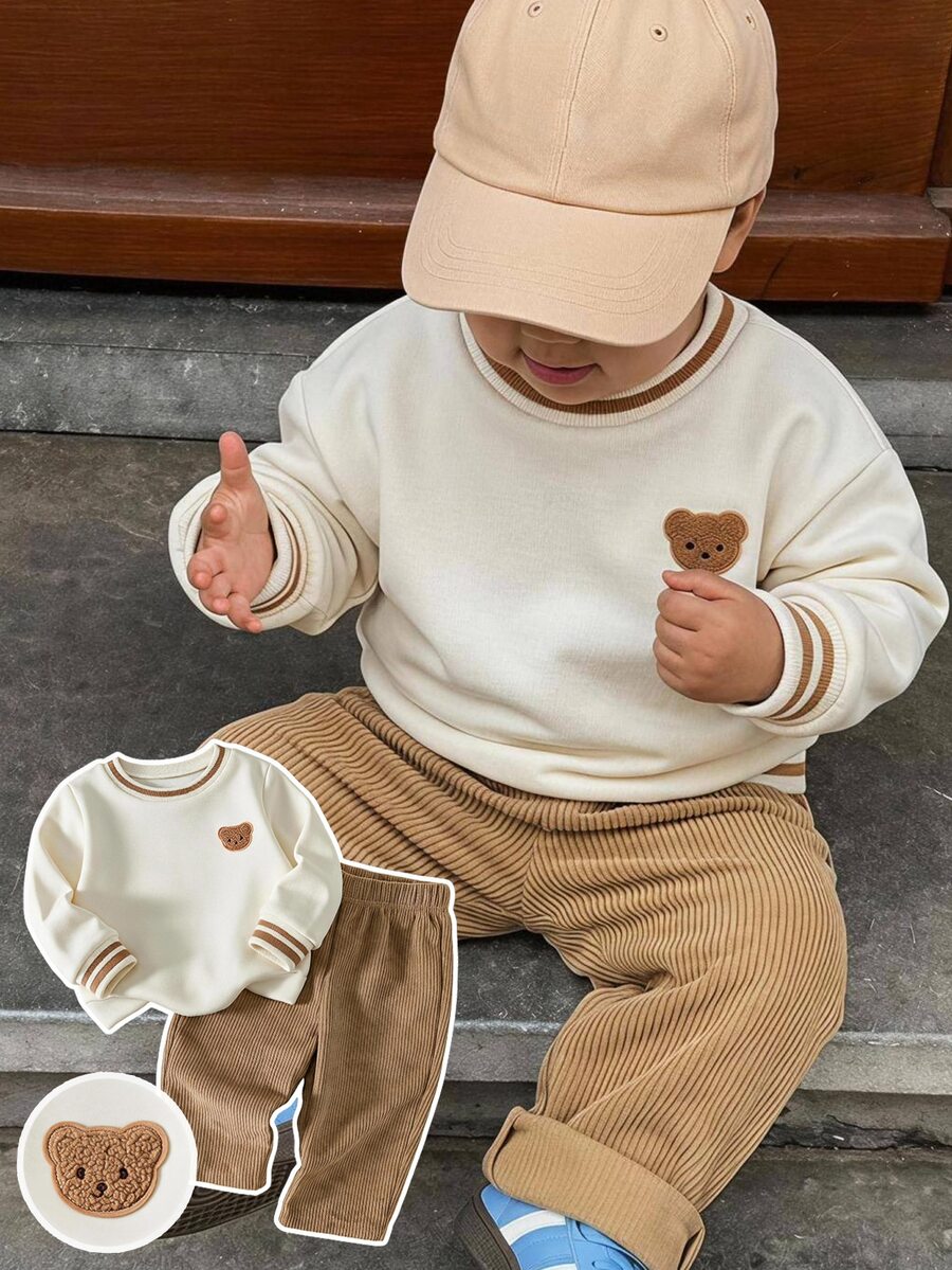 Kids Infant Boys Elastic Ribbed Pullover Long Sleeve Sweatshirt + Corduroy Long Pants Set - Multicolor - View 1