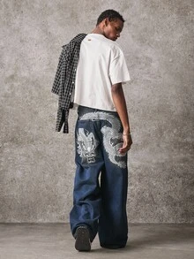 ROMWE MEN Street Life Men's Casual Everyday Travel Denim Jeans With Pocket, Button And Dragon Pattern - Blue - View 5