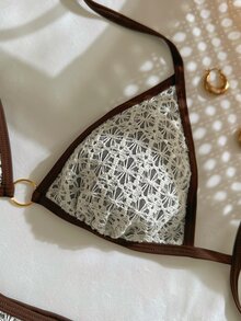 SHEIN Swim 女款性感亮片蕾絲掛脖比基尼套裝，適合海灘、度假與派對 - 棕色 - 查看 4