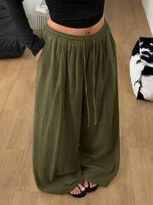 Coolane 女款大尺碼夏秋外出度假正裝休閒優雅波西米亞風套裝 棉質抽繩腰橄欖綠長褲 - 軍綠色 - 查看 7