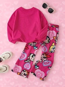 THE POWERPUFF GIRLS X SHEIN Young Girl Letter Print Crew Neck Long Sleeve Sweatshirt And Flared Pants Casual Set - Pink - View 2