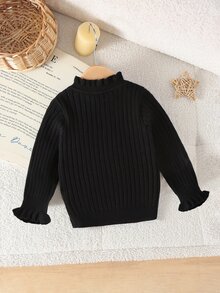SHEIN Vintaside Kids 女嬰針織長袖套頭毛衣，荷葉領羅紋領口，適合秋冬，白色/奶油色純色，百搭日常穿著，時尚款，適合日常穿著、外出與旅行 - 黑色 - 查看 2