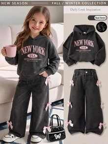 SHEIN Sparklyn Girls 2 Pieces Set, Spring/Autumn Letter Print Long Sleeve Hooded Sweatshirt + Bow Decor Washed Denim Jeans, Casual Children's Outfit, Sweet & Cool Street Style Kids Wear, Suitable For Daily Outings - Grey - View 11